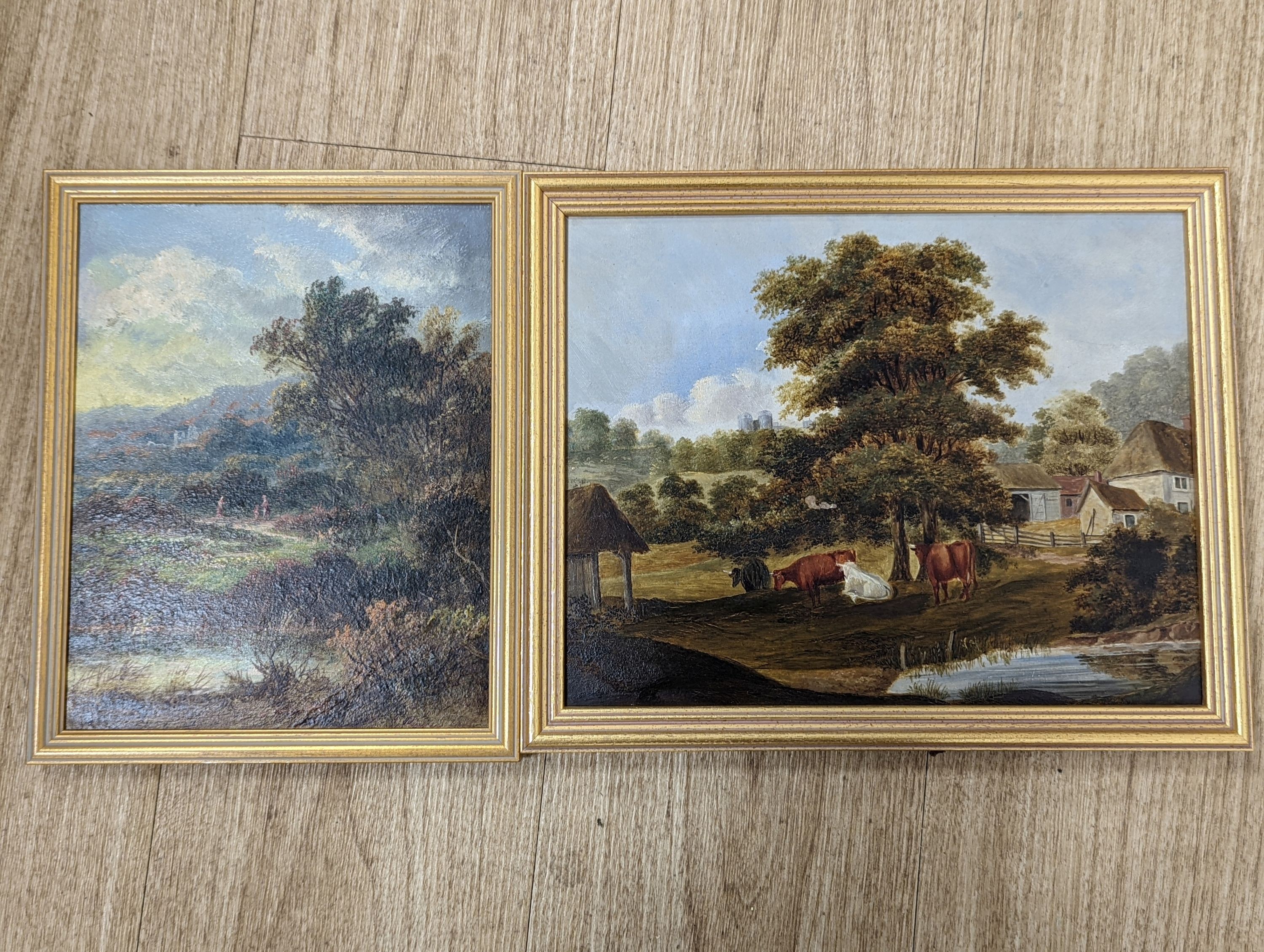 Two 19th century oils on board, landscapes, signed indistinctly, and the other depicting cattle in yard, 25 x 19cm, 23 x 29.5cm